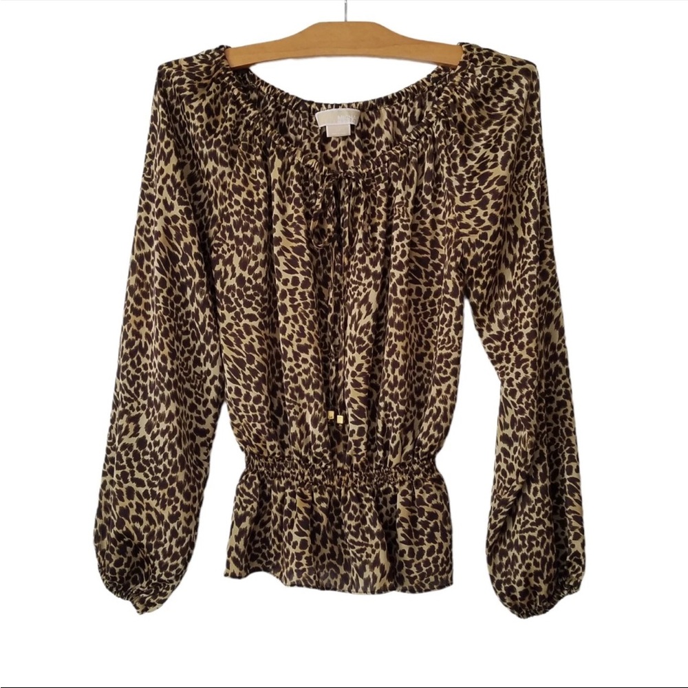 Michael Kors Womens M Peasant Top  Cheetah Animal Print Sinched Waist Top